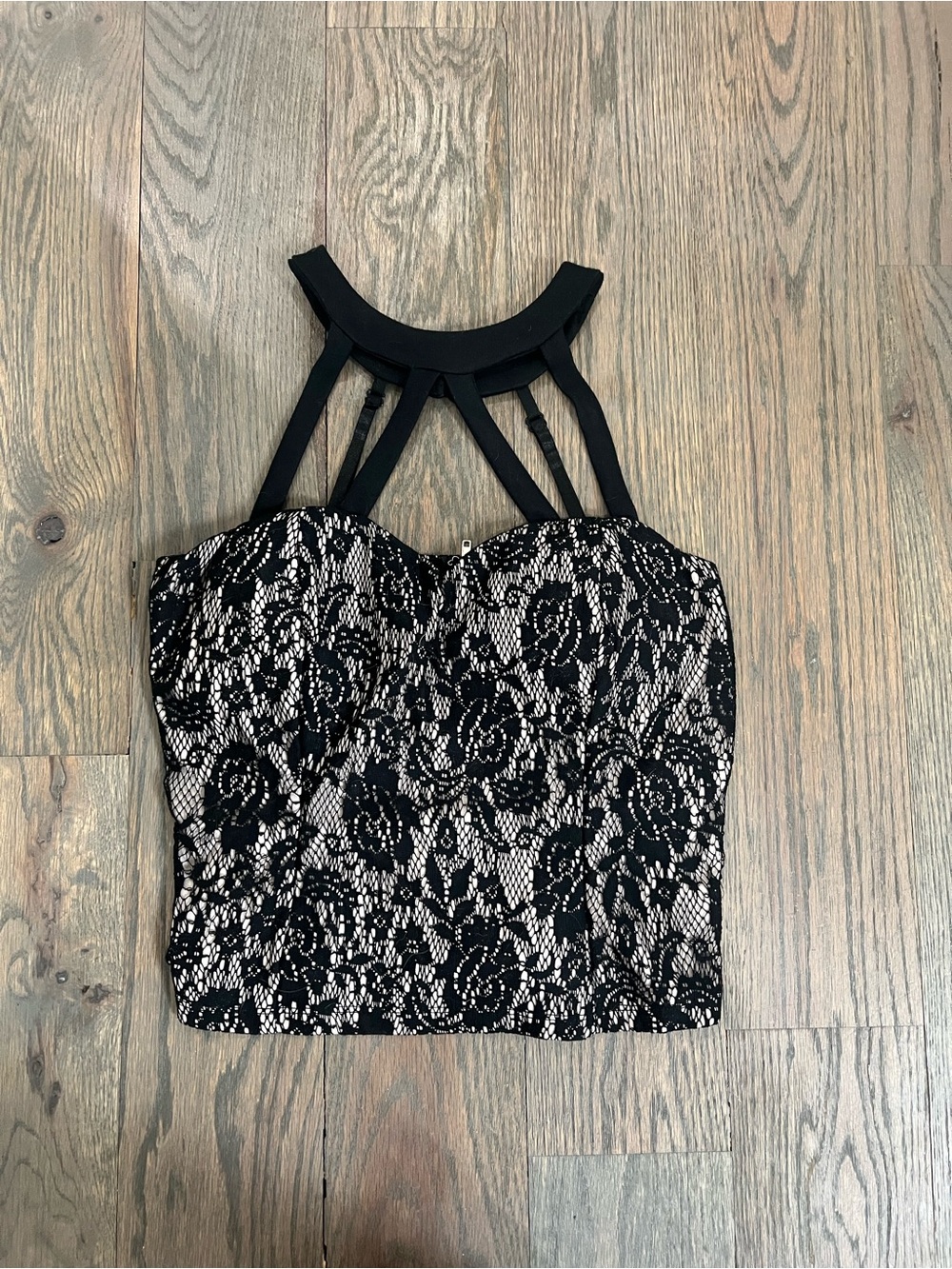 Papaya Black Lace Bustier Crop Top with Strappy Neckline